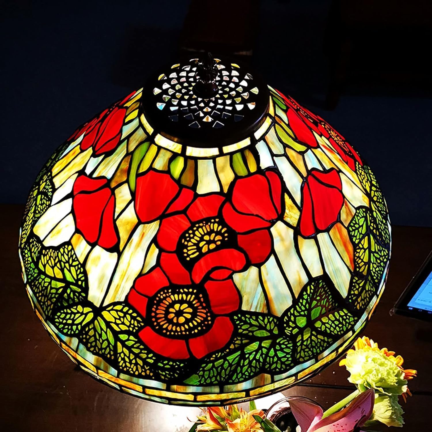 Legend Collection 16" Poppy Floral Tiffany Table Lamp with Green Uniqe Base