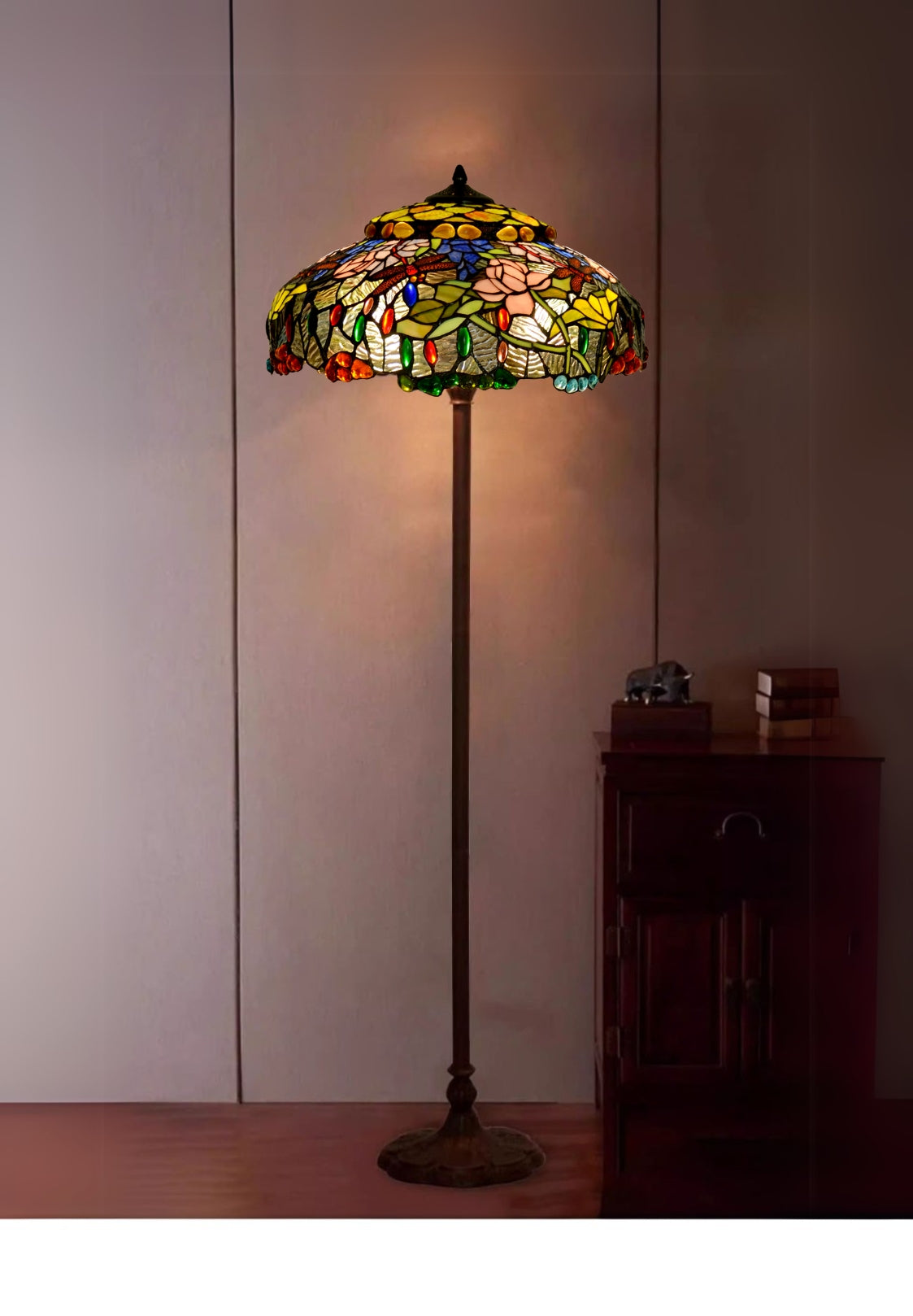 Joanne Tiffany 20" Dragonfly & Lotus Stained Glass Tiffany Floor Lamp