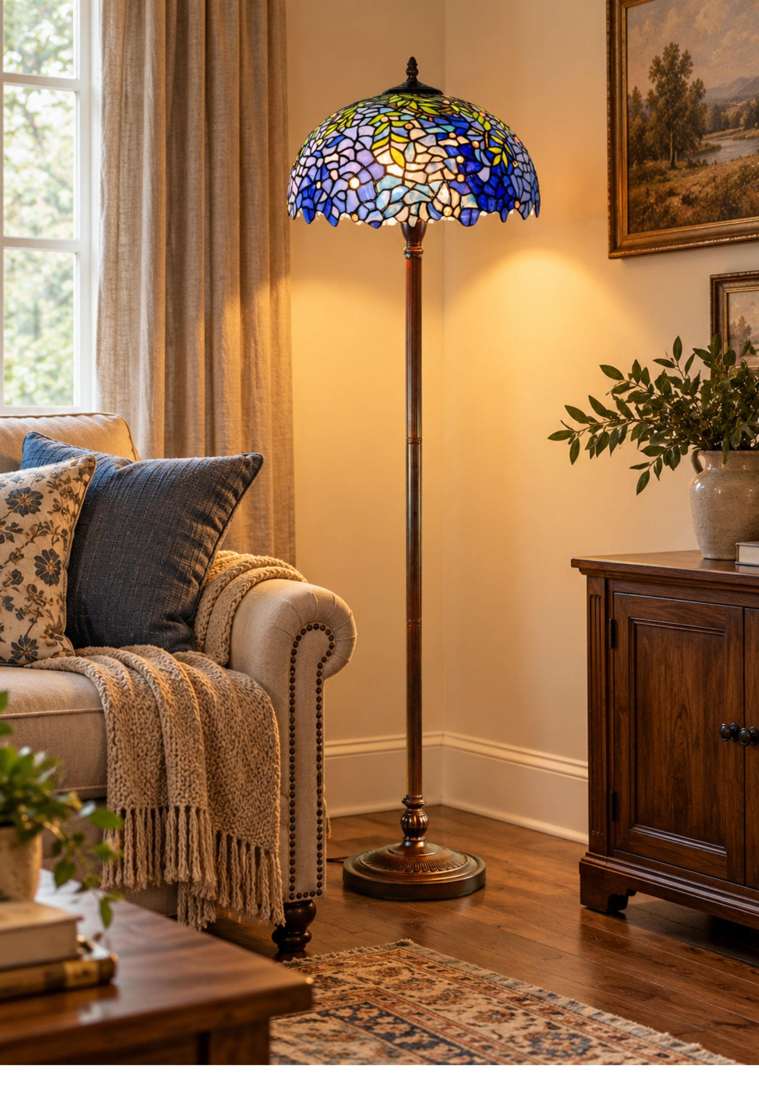 Large 16" Blue Wisteria Style Stained Glass Tiffany Floor Lamp