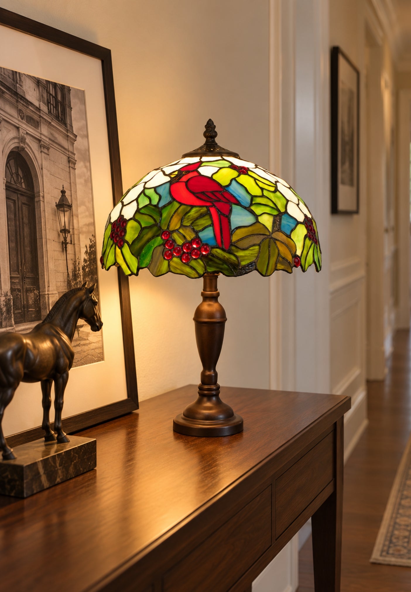 12" Red Cardinal Bird Stained Glass TiffanyBedside Lamp