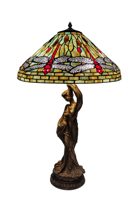 Huge 20" Tiffany Style Dragonfly Table Lamp – Art Nouveau Lady Sculpture Base