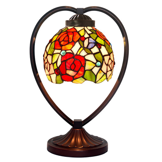 Rose Tiffany Style Stained Glass Table Lamp with Heart-shaped Metal Base