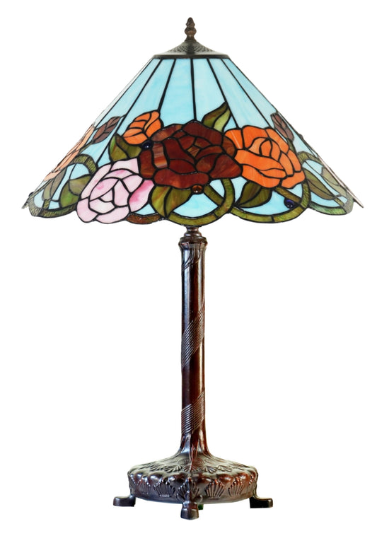 18" Tiffany Style Red Rose Stained Glass Table Lamp – Art Nouveau Floral Design