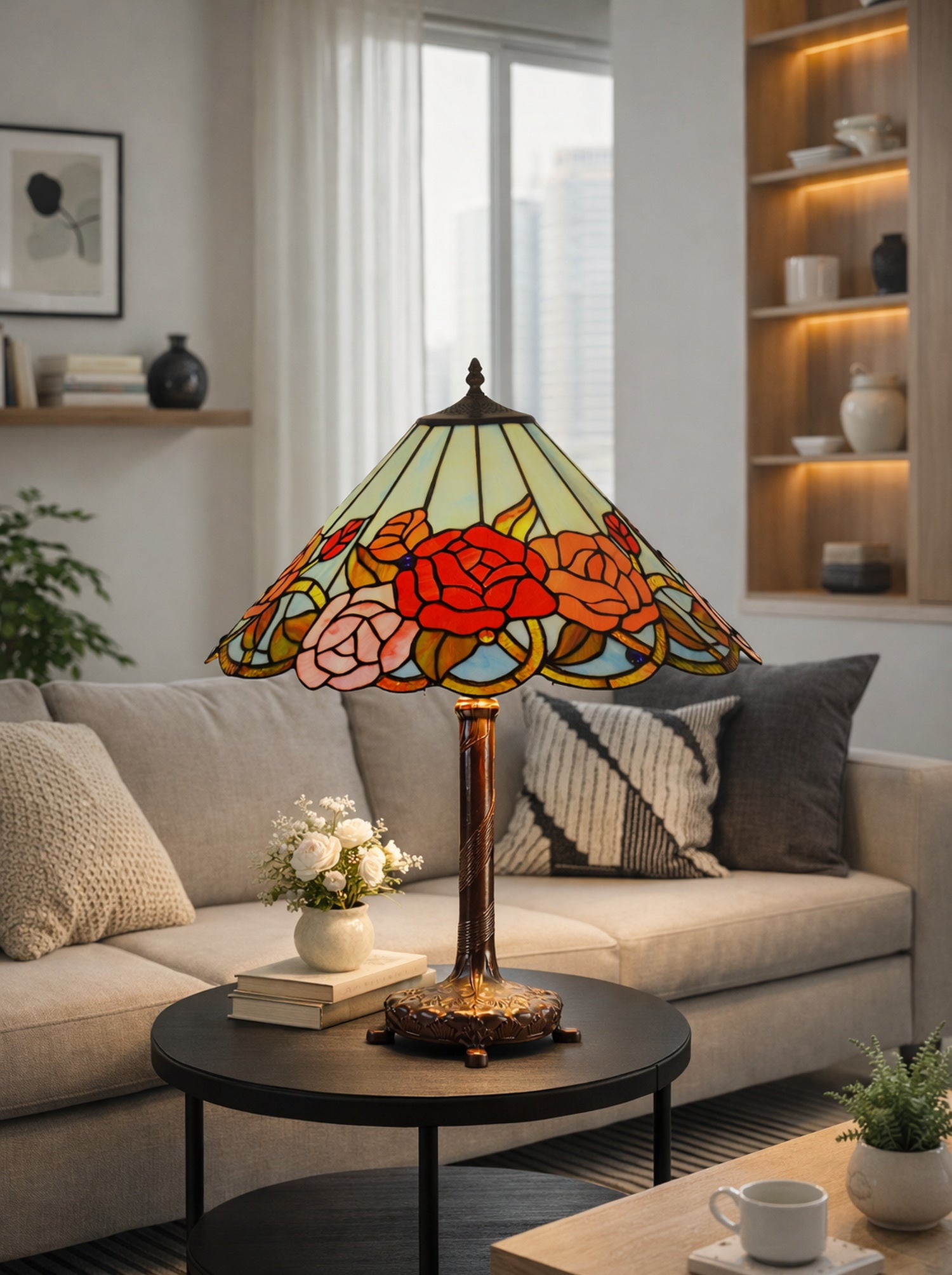 18" Tiffany Style Red Rose Stained Glass Table Lamp – Art Nouveau Floral Design