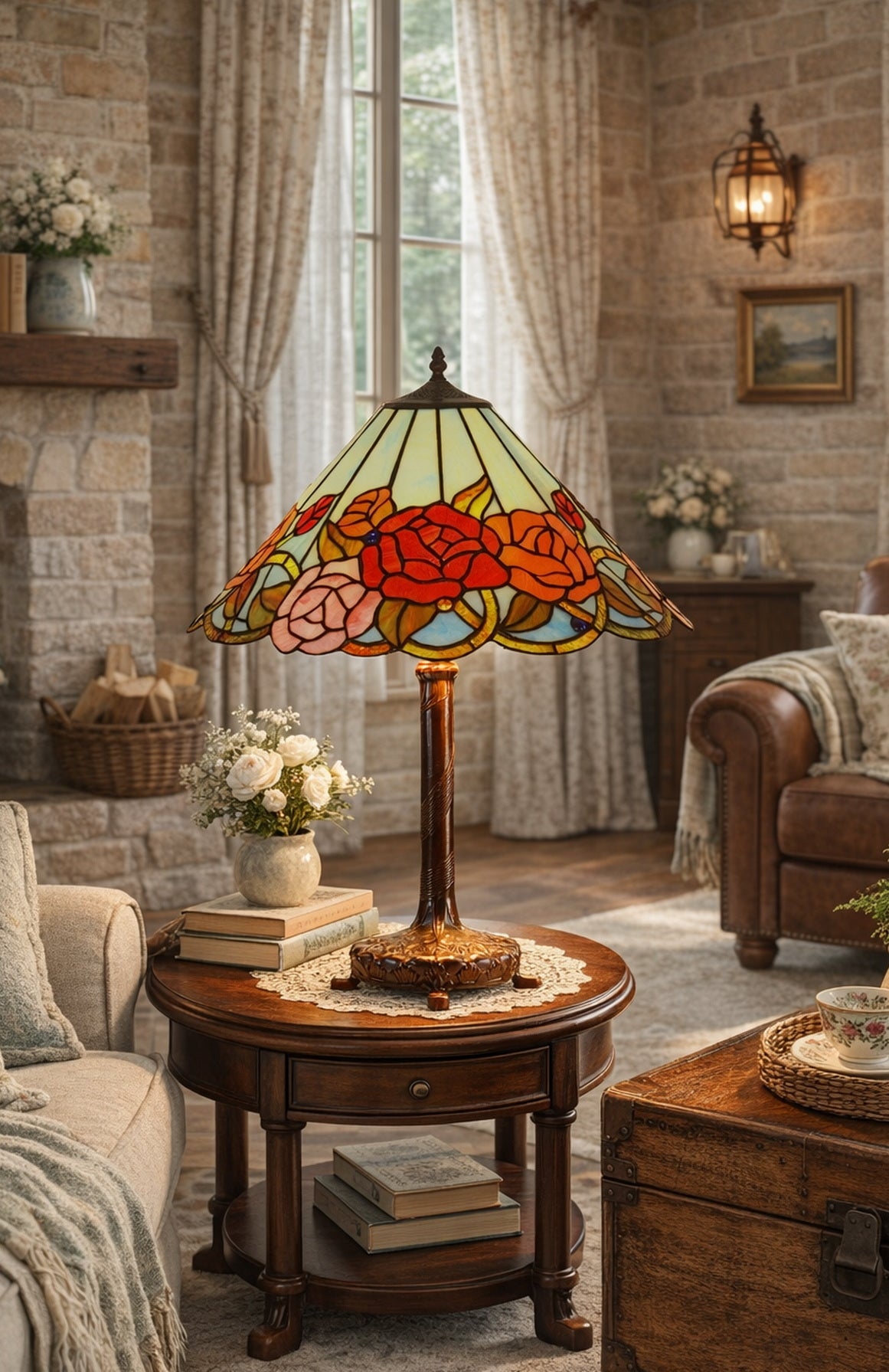 18" Tiffany Style Red Rose Stained Glass Table Lamp – Art Nouveau Floral Design