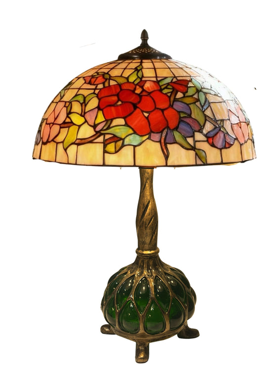 Legend Collection 16" Tiffany Pansy Stained Glass Table Lamp with Unique Green Accent Sculpted Resin Base