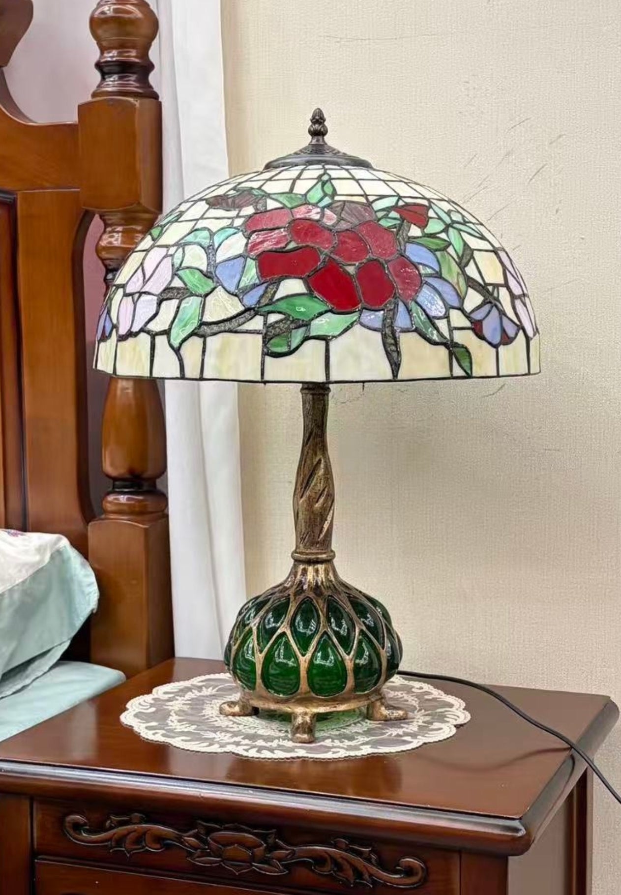Legend Collection 16" Tiffany Pansy Stained Glass Table Lamp with Unique Green Accent Sculpted Resin Base