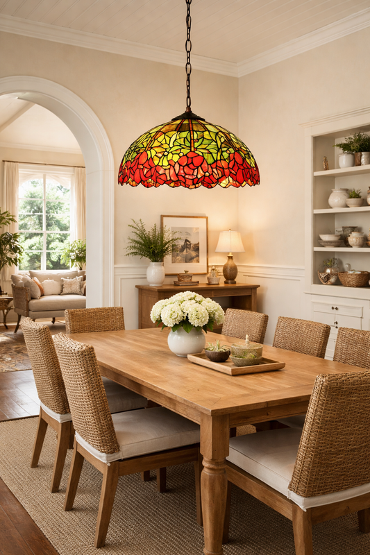 Large 16" Vintage Tiffany Rose Stained Glass Pendant Light for Dining & Living Rooms