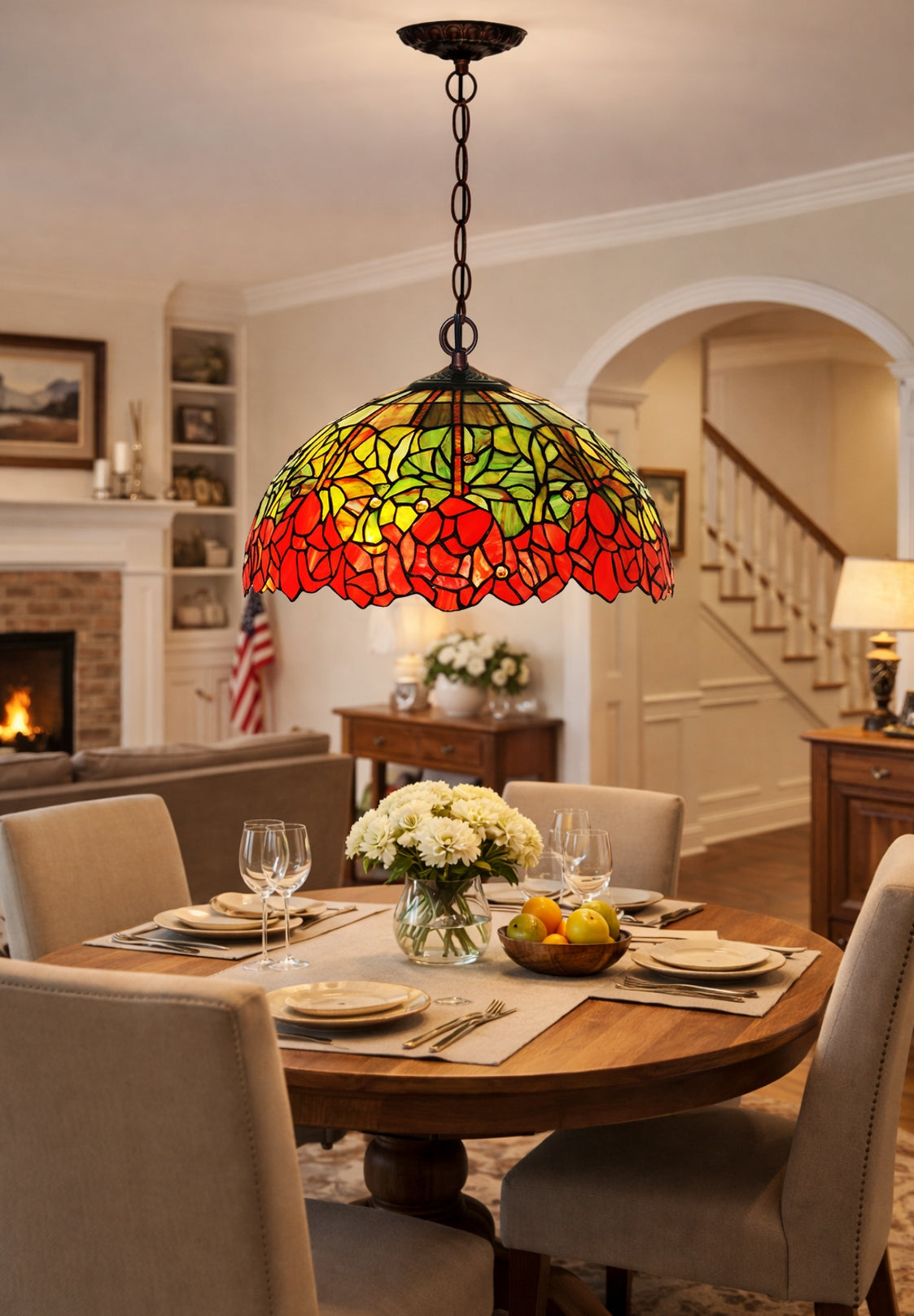 Large 16" Vintage Tiffany Rose Stained Glass Pendant Light for Dining & Living Rooms