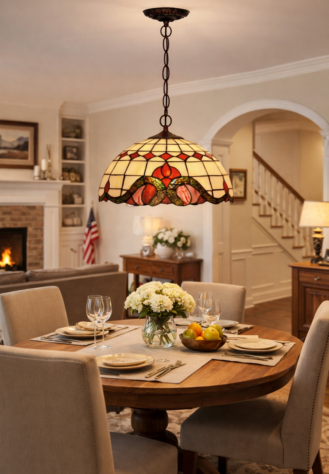 Large 16" Red Baroque Style Stained Glass Cafe Tiffany Hanging Light