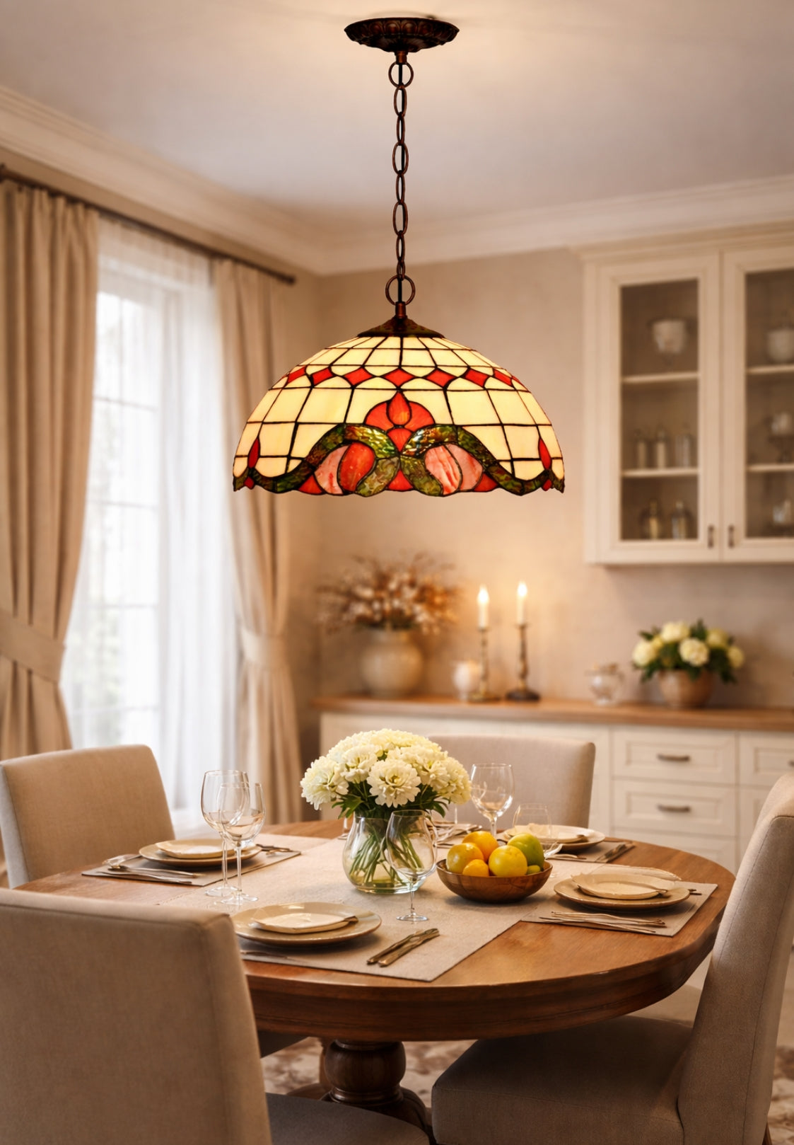 Large 16" Red Baroque Style Stained Glass Cafe Tiffany Hanging Light