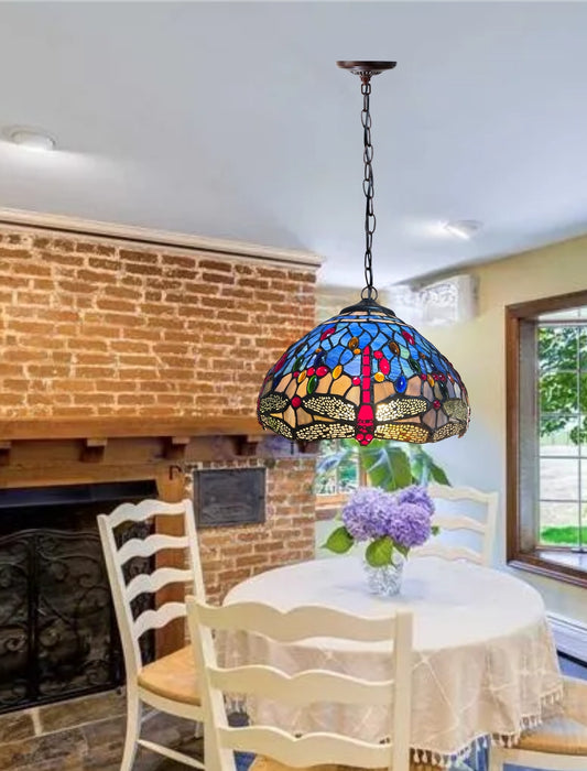 14" Blue Dragonfly Tiffany Stained Glass Shade Downlight Tiffany Pendant Light