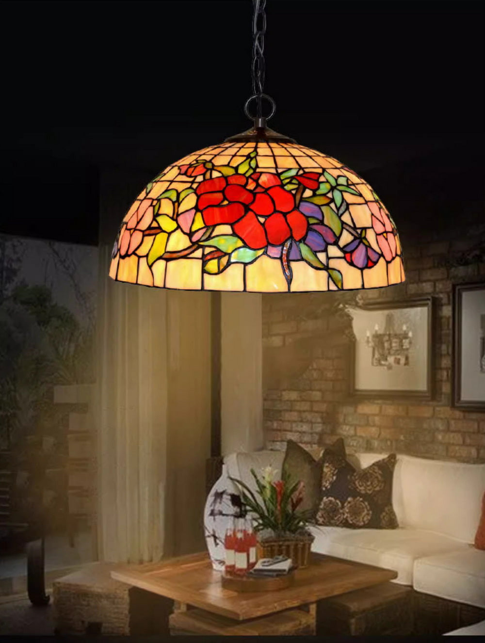 16" Red Peony Tiffany Style Pendant Light – Handcrafted Stained Glass Hanging Lamp
