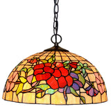 16" Red Peony Tiffany Style Pendant Light – Handcrafted Stained Glass Hanging Lamp