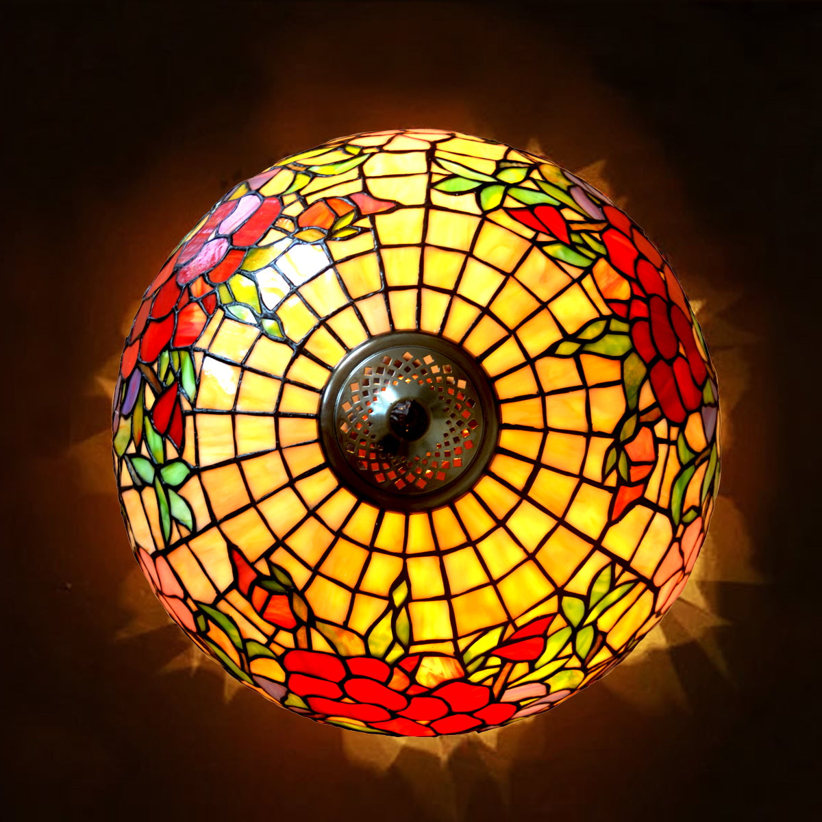 16" Red Peony Tiffany Style Pendant Light – Handcrafted Stained Glass Hanging Lamp