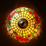 16" Red Peony Tiffany Style Pendant Light – Handcrafted Stained Glass Hanging Lamp