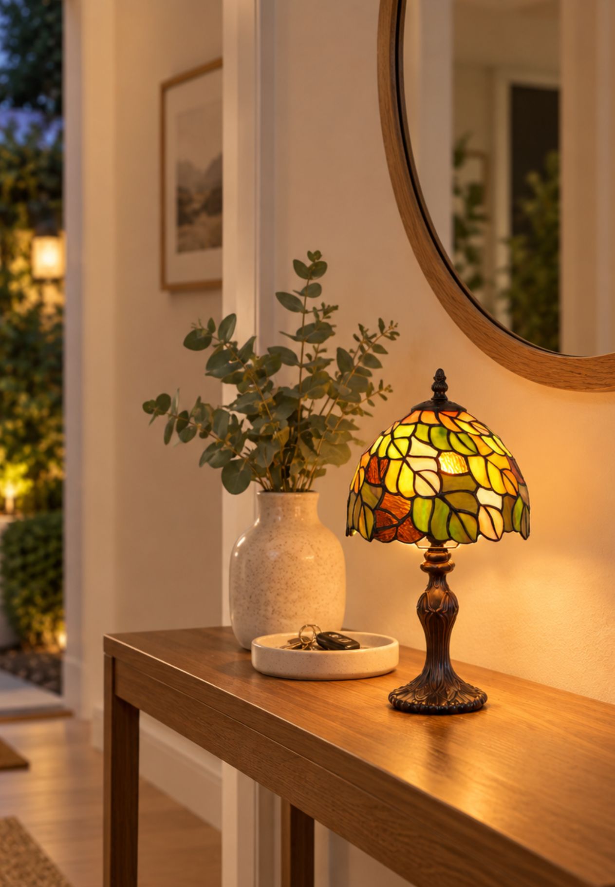 8-Inch Autumn Leaves Tiffany-Style Small Table Lamp