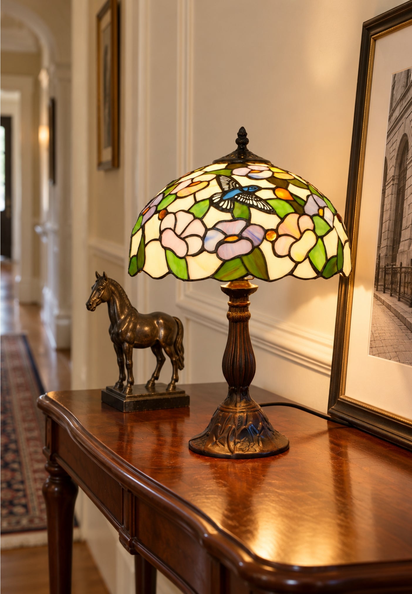 12" Hummingbird Garden Stained Glass Tiffany Bedside Lamp
