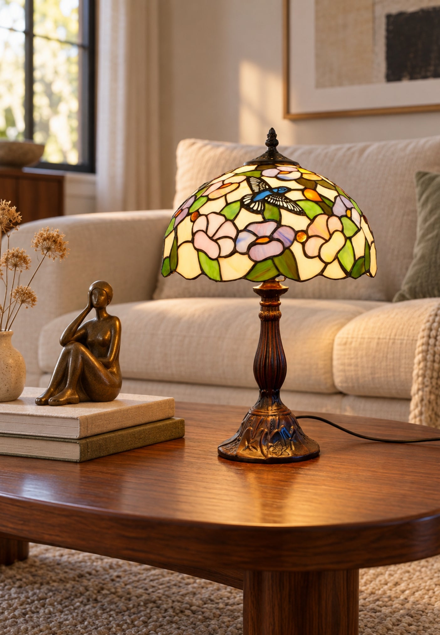12" Hummingbird Garden Stained Glass Tiffany Bedside Lamp