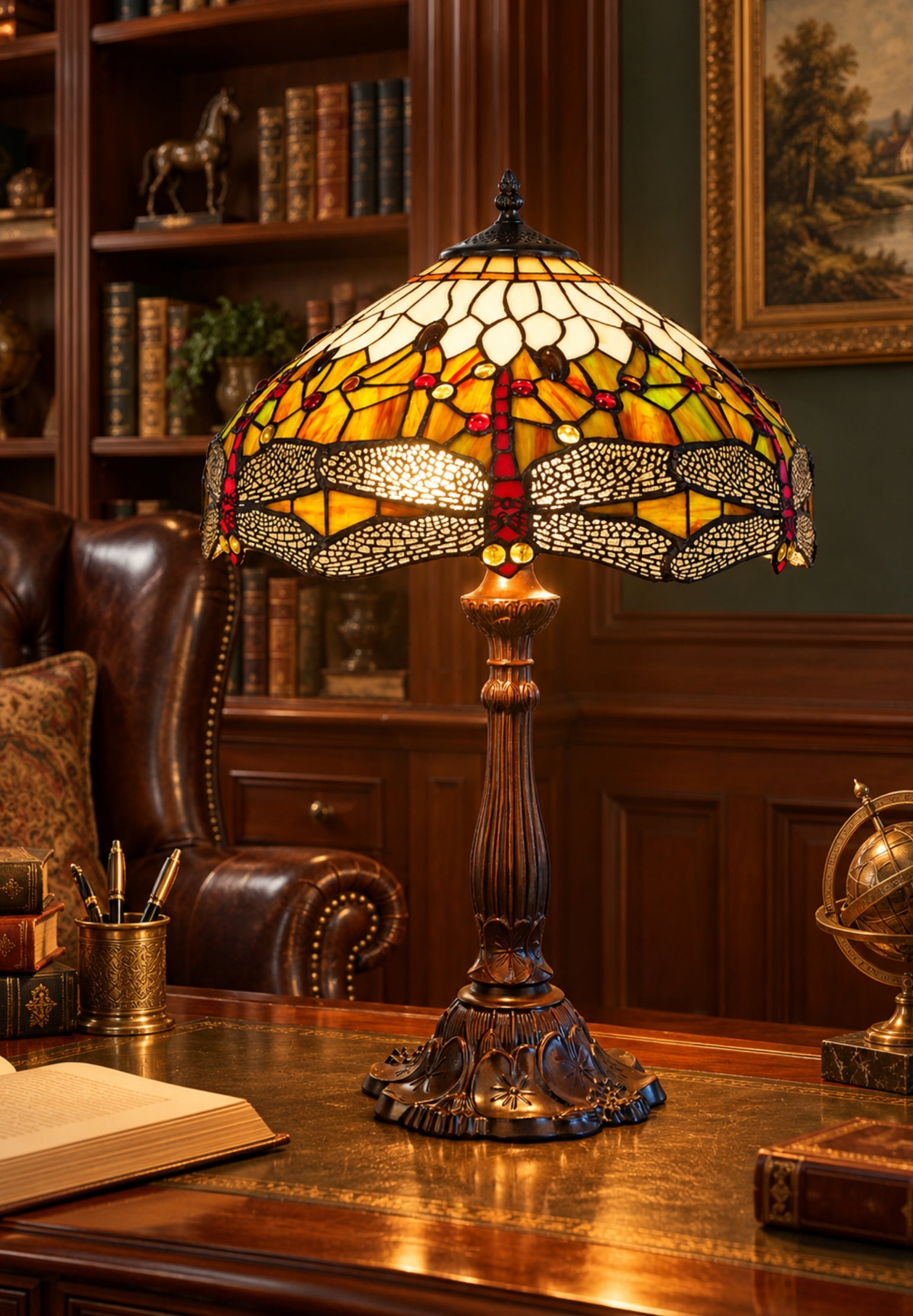 Premium 16" Amber Dragonfly Tiffany Style Table Lamp with Filigree Wings