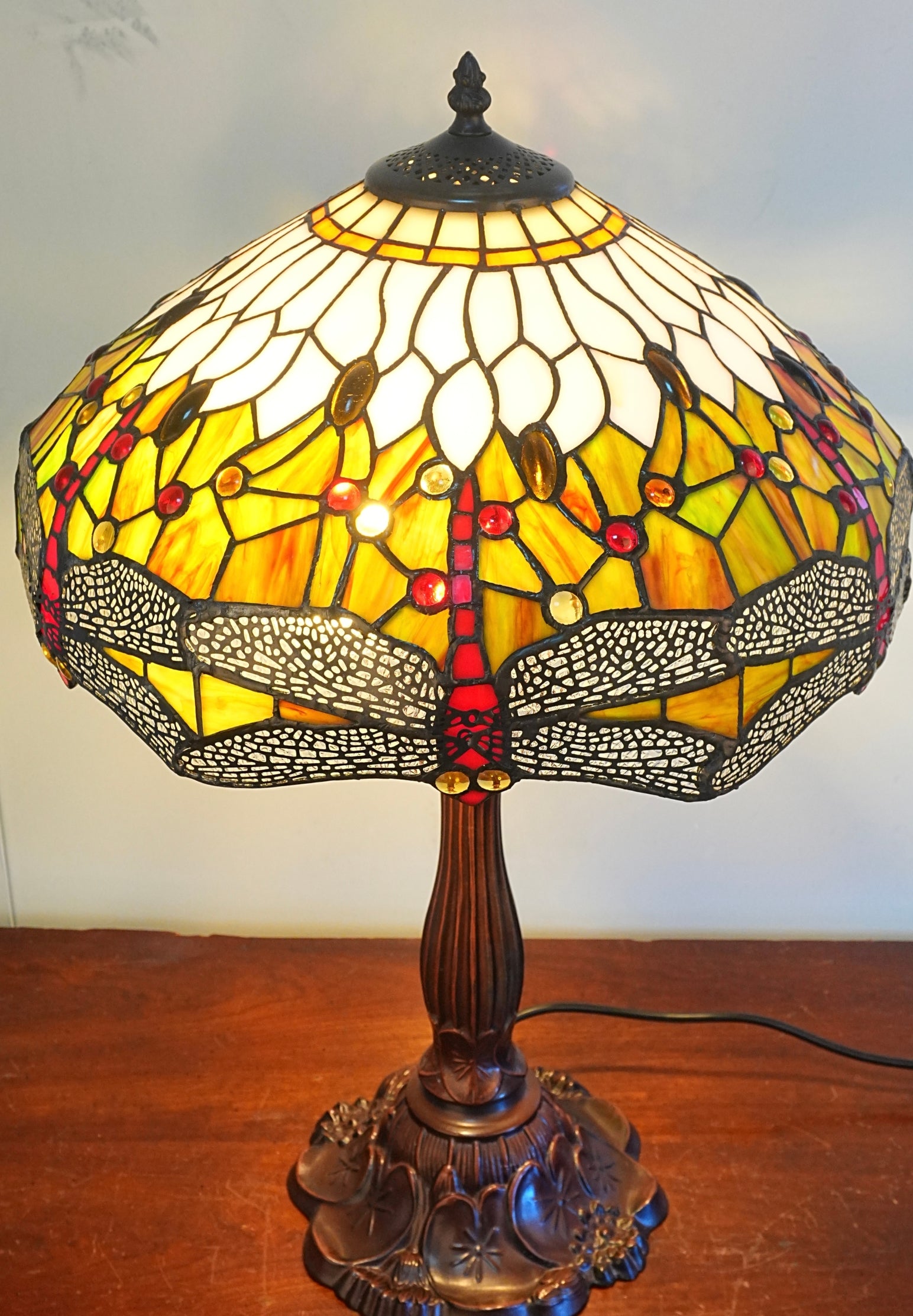 Premium 16" Amber Dragonfly Tiffany Style Table Lamp with Filigree Wings