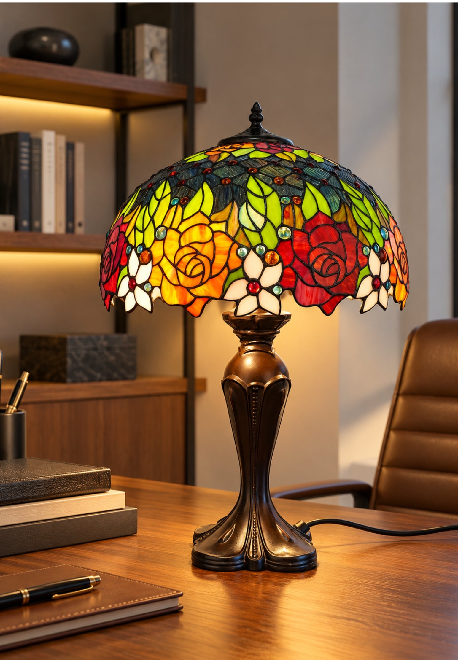 Premium 16" Rose Garden Stained Glass Tiffany Table Lamp