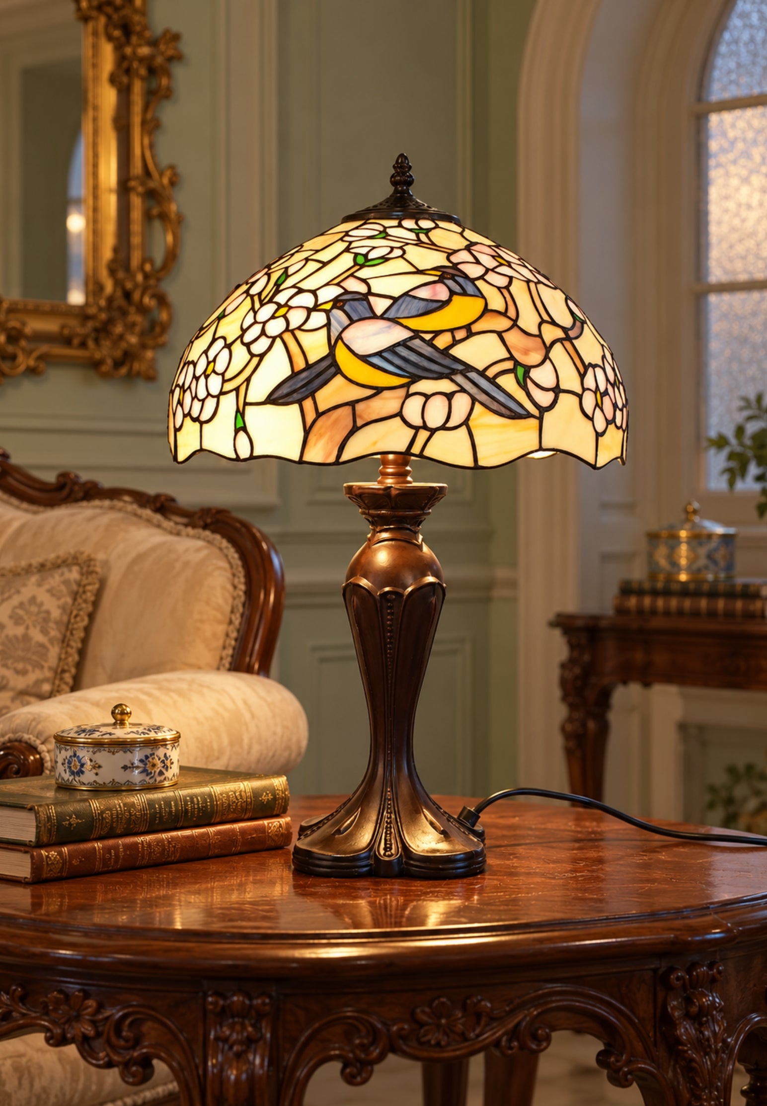 Premium 16" Magpie Birds Blossom Tiffany Stained Glass Table Lamp