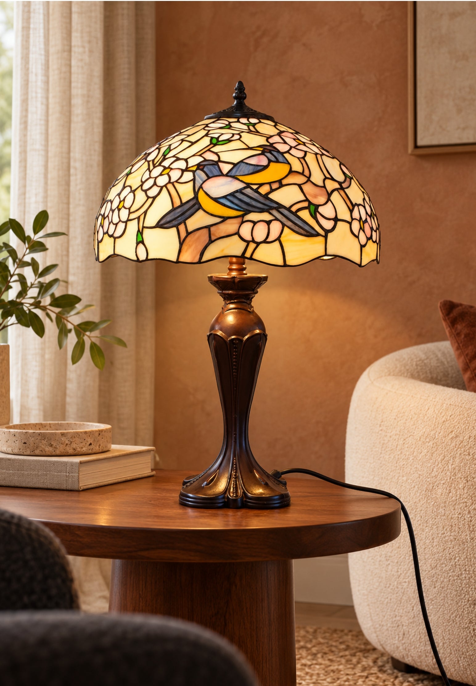 Premium 16" Magpie Birds Blossom Tiffany Stained Glass Table Lamp