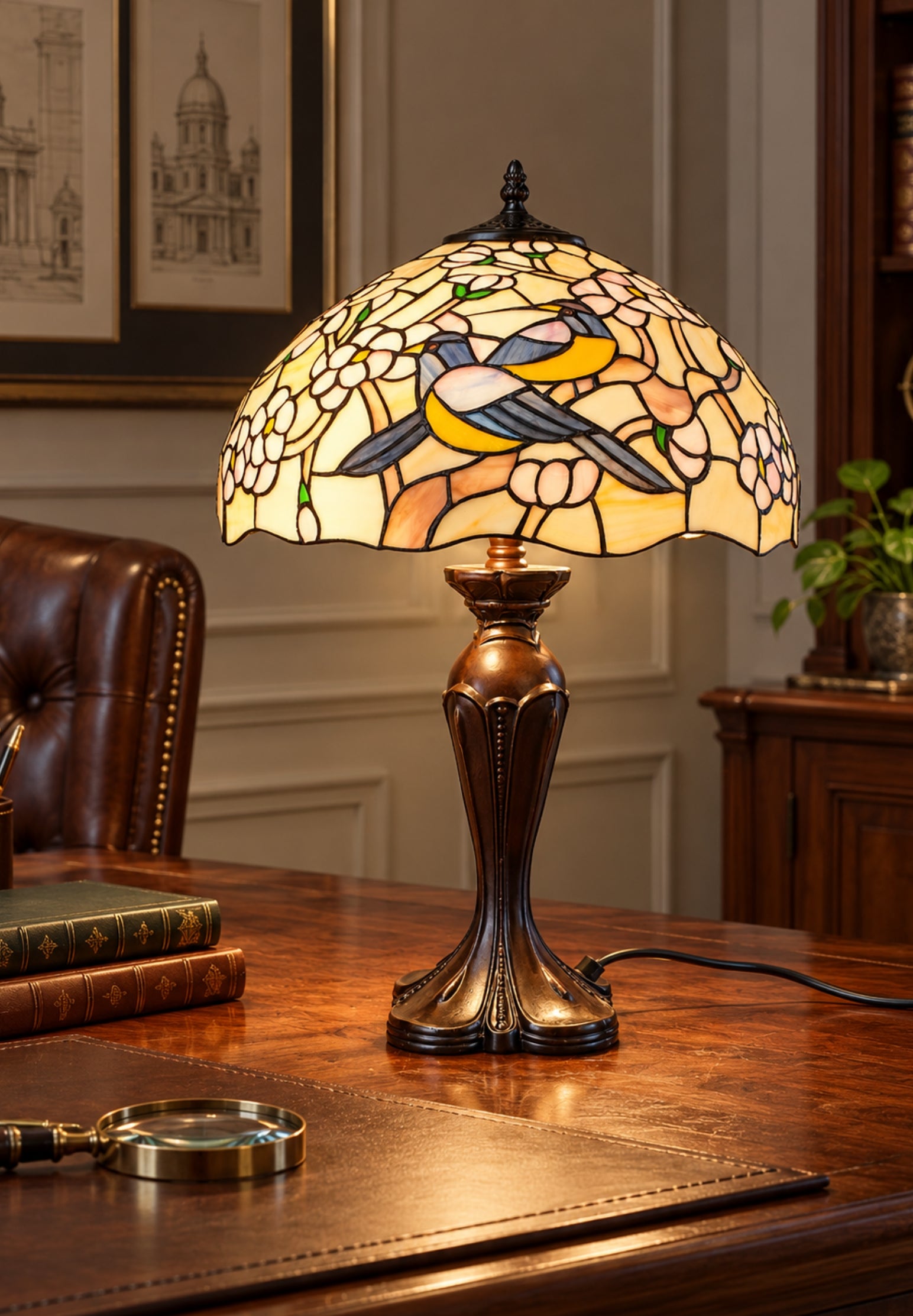 Premium 16" Magpie Birds Blossom Tiffany Stained Glass Table Lamp