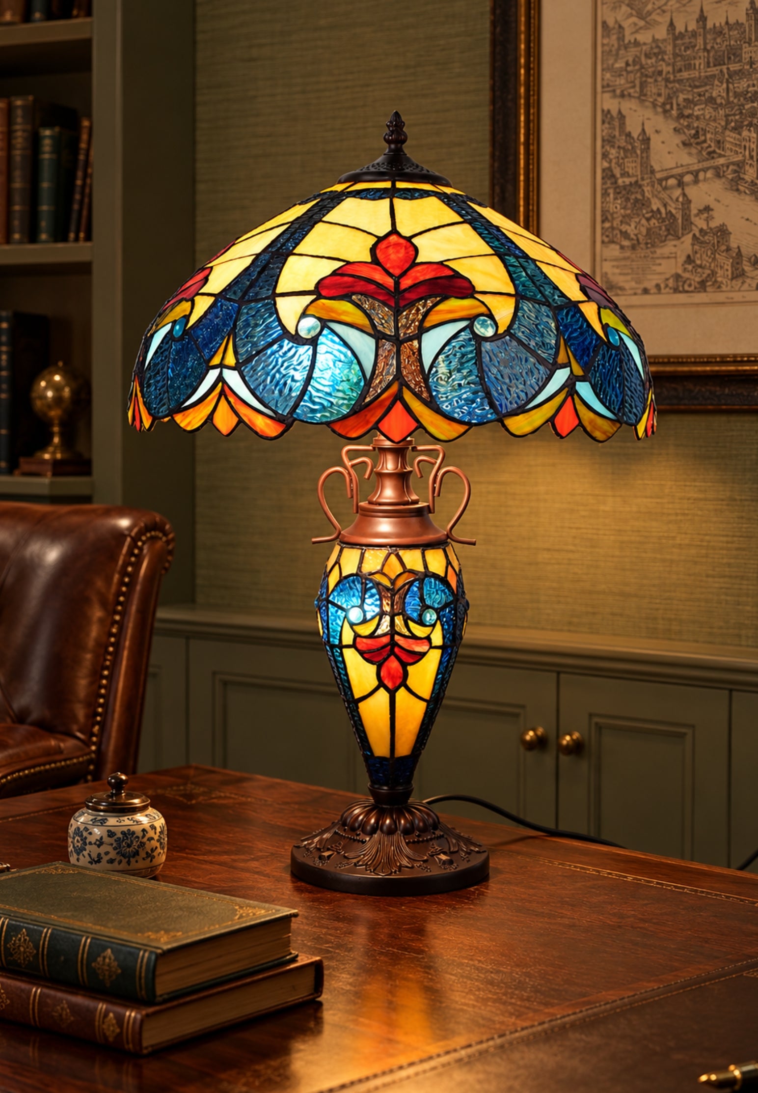 Premium 16" Blue Art Nouveau Tiffany Style Table Lamp with Illuminated Base