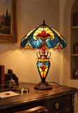 Premium 16" Blue Art Nouveau Tiffany Style Table Lamp with Illuminated Base
