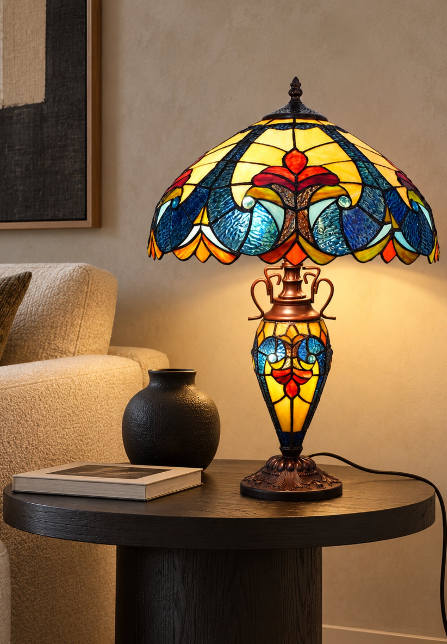 Premium 16" Blue Art Nouveau Tiffany Style Table Lamp with Illuminated Base