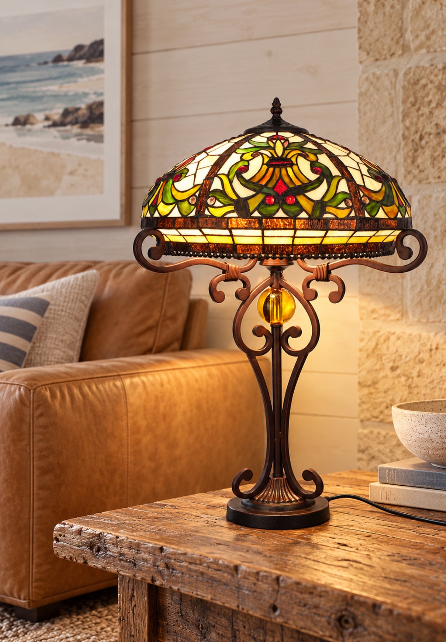 Premium 16" Amber Art Nouveau Tiffany Style Table Lamp with Scrollwork Base