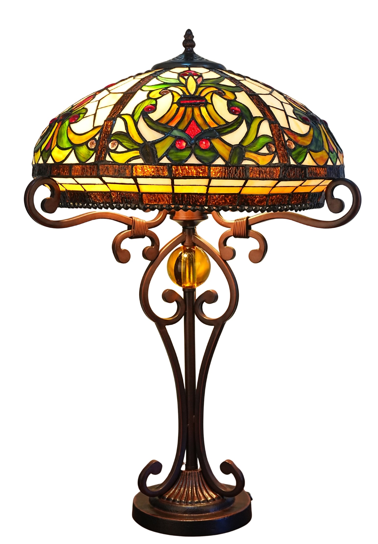 Premium 16" Amber Art Nouveau Tiffany Style Table Lamp with Scrollwork Base