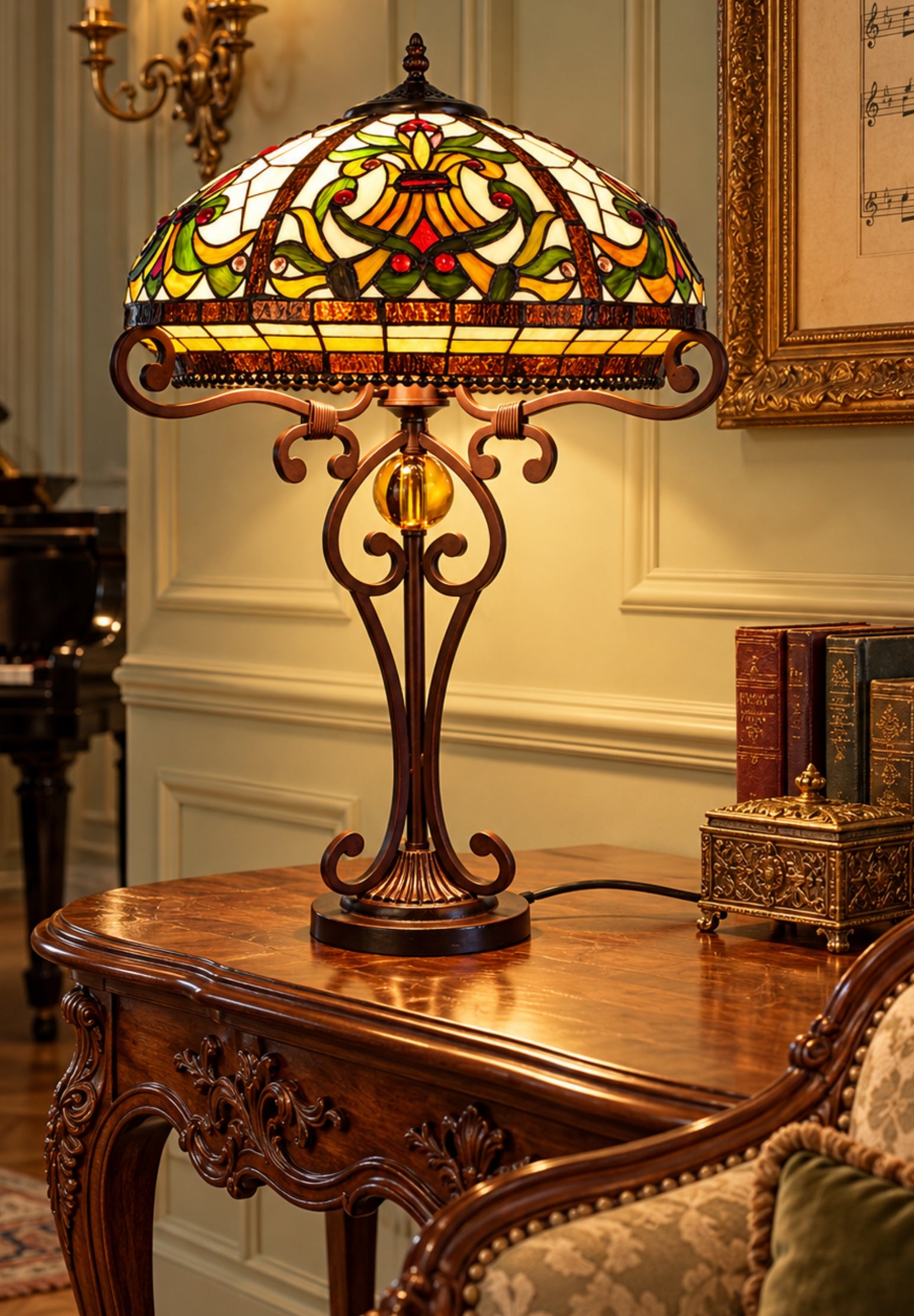 Premium 16" Amber Art Nouveau Tiffany Style Table Lamp with Scrollwork Base