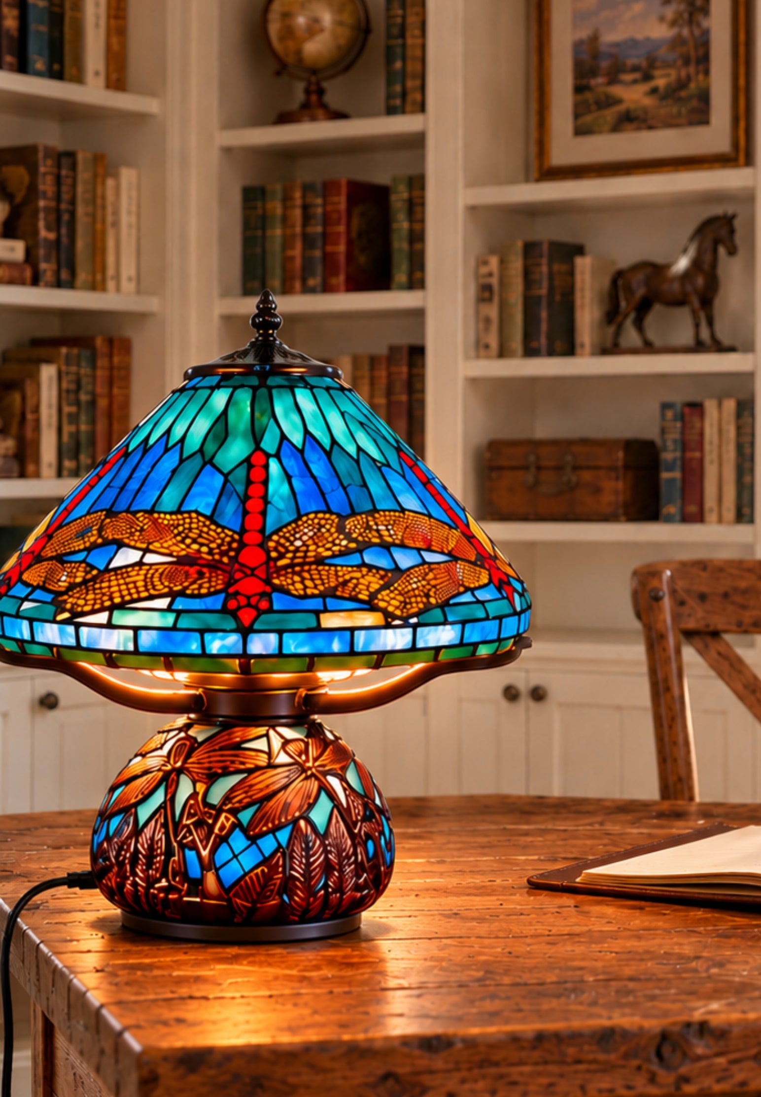 Premium 16" Blue Dragonfly Tiffany Table Lamp with Mosaic Base