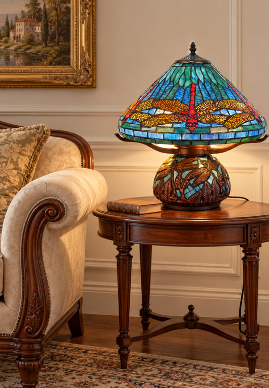 Premium 16" Blue Dragonfly Tiffany Table Lamp with Mosaic Base