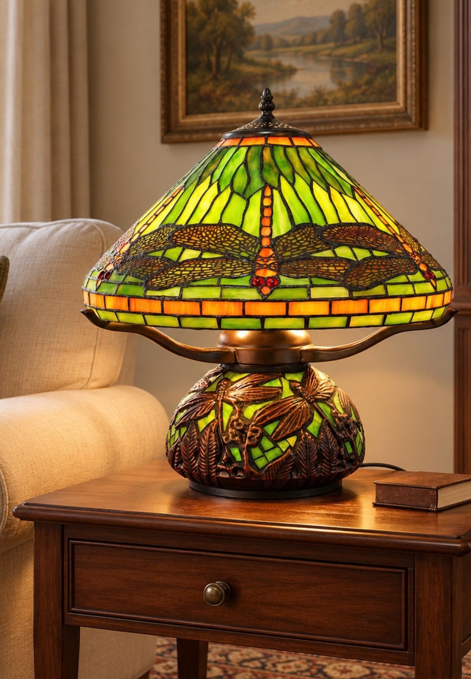 Premium 16" Green Dragonfly Tiffany Table Lamp with Mosaic Base