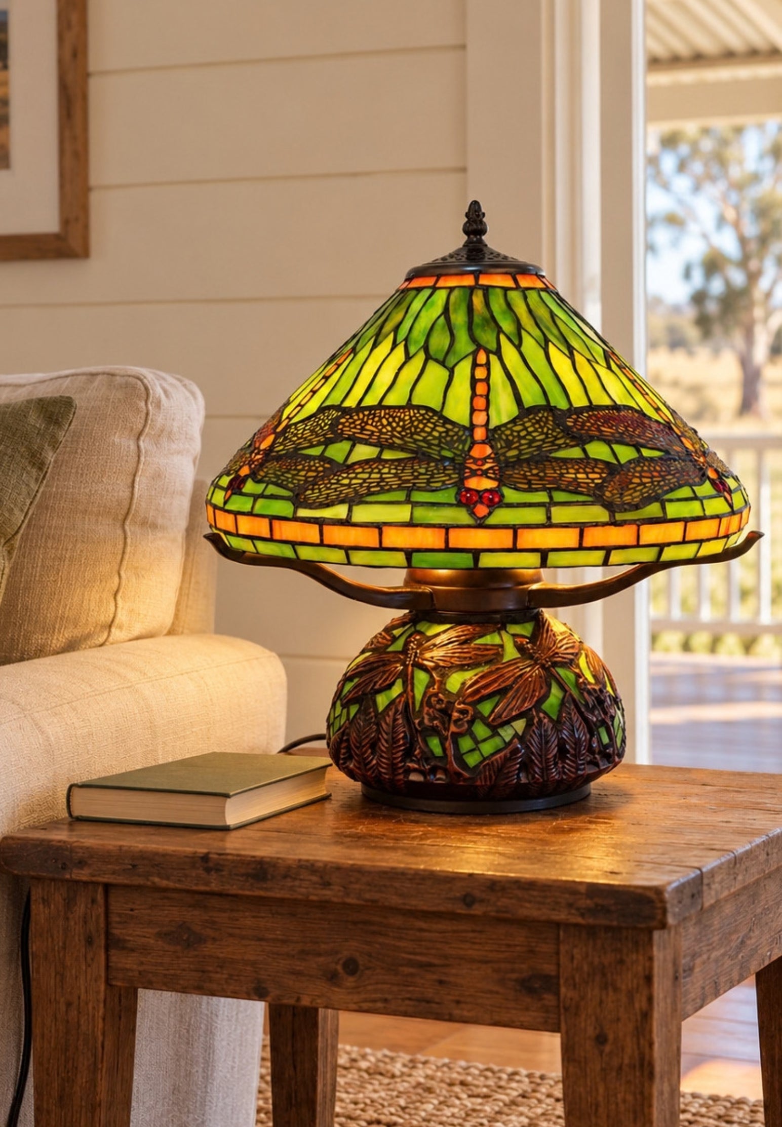 Premium 16" Green Dragonfly Tiffany Table Lamp with Mosaic Base
