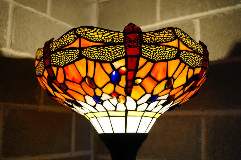 14"  Red Dragonfly Style Tiffany Floor Torchiere Lamp