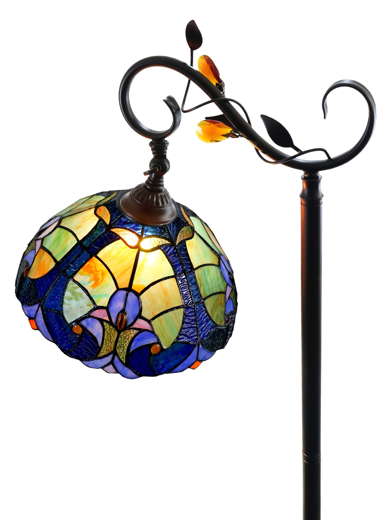 Antique Style Green Amor Tiffany Stained Glass Edwardian Bridge Arm Tiffany Floor Lamp