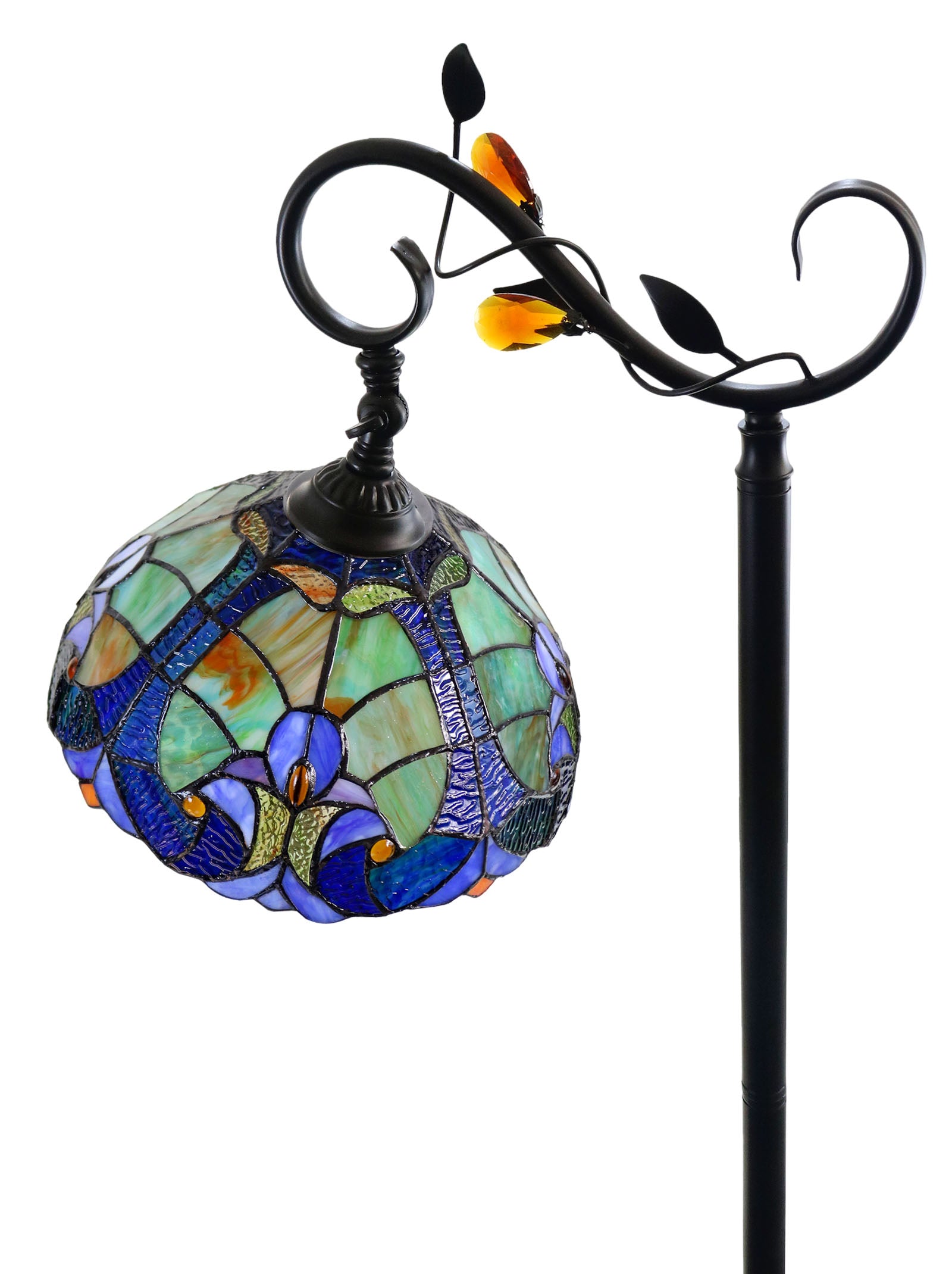 Antique Style Green Amor Tiffany Stained Glass Edwardian Bridge Arm Tiffany Floor Lamp