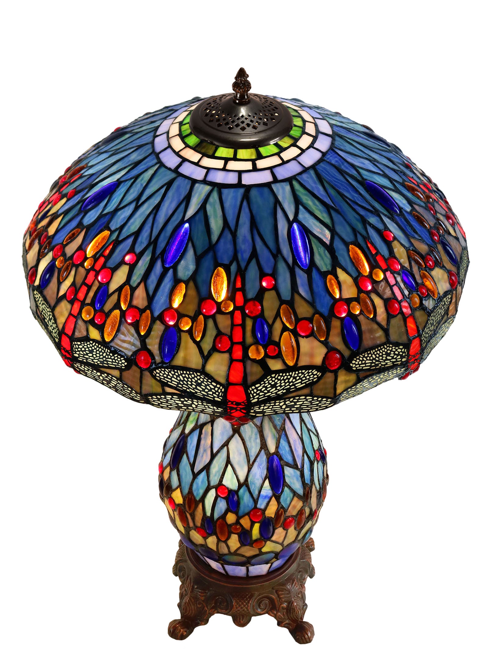 Large 18" Blue Traditional Dragonfly  Tiffany Table Lamp with Lighted Base