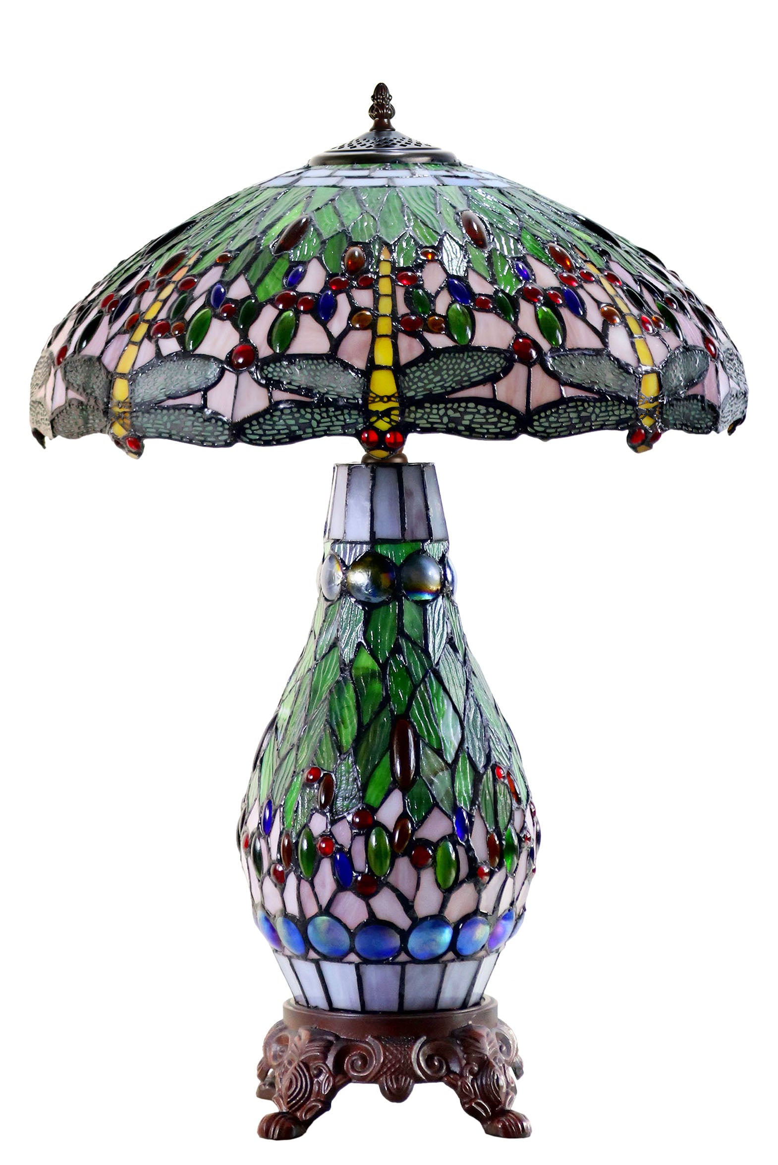 Large 18" Green Traditional Dragonfly  Tiffany Table Lamp with Lighted Base