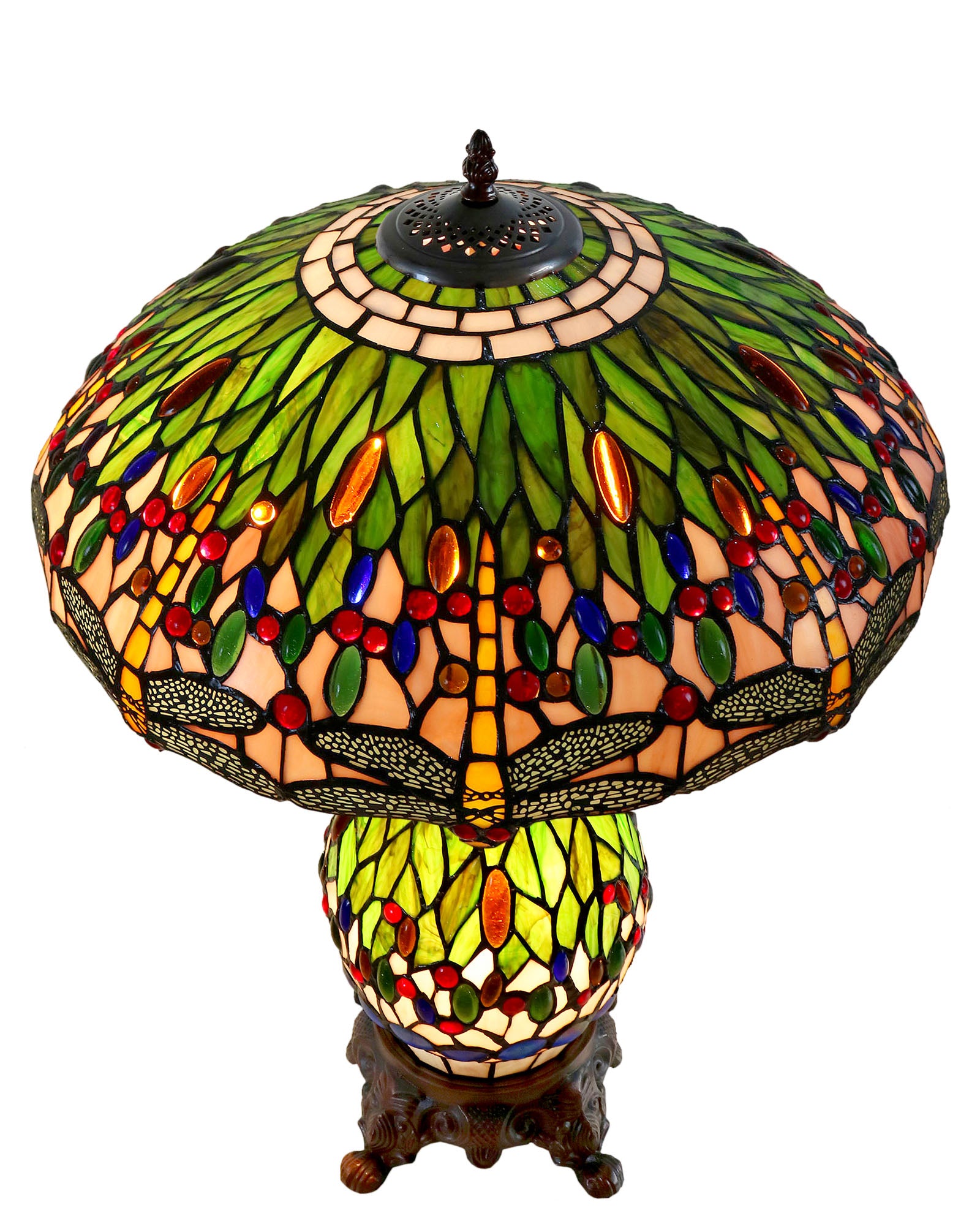 Large 18" Green Traditional Dragonfly  Tiffany Table Lamp with Lighted Base