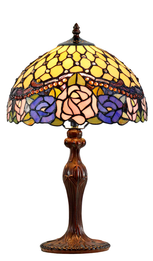 12" Jeweled Rose Style Leadlight Stained Glass Tiffany Bedside Lamp
