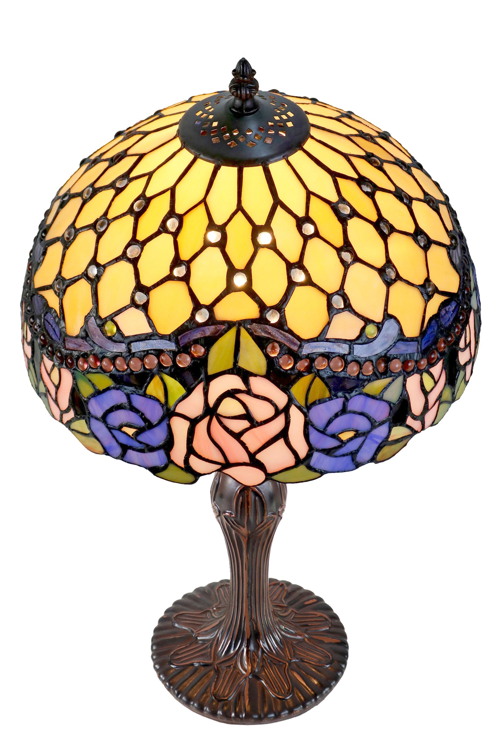 12" Jeweled Rose Style Leadlight Stained Glass Tiffany Bedside Lamp
