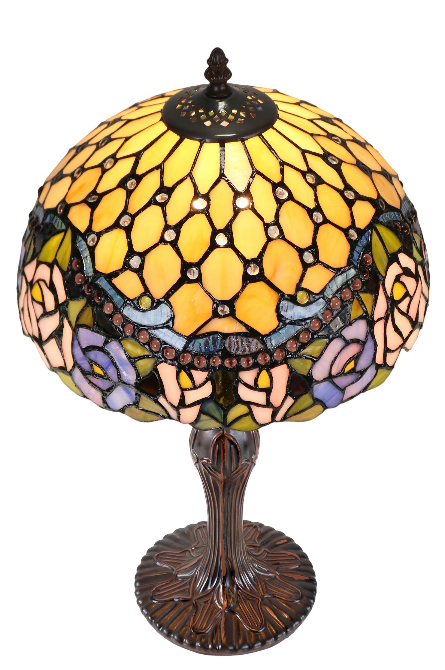 12" Jeweled Rose Style Leadlight Stained Glass Tiffany Bedside Lamp
