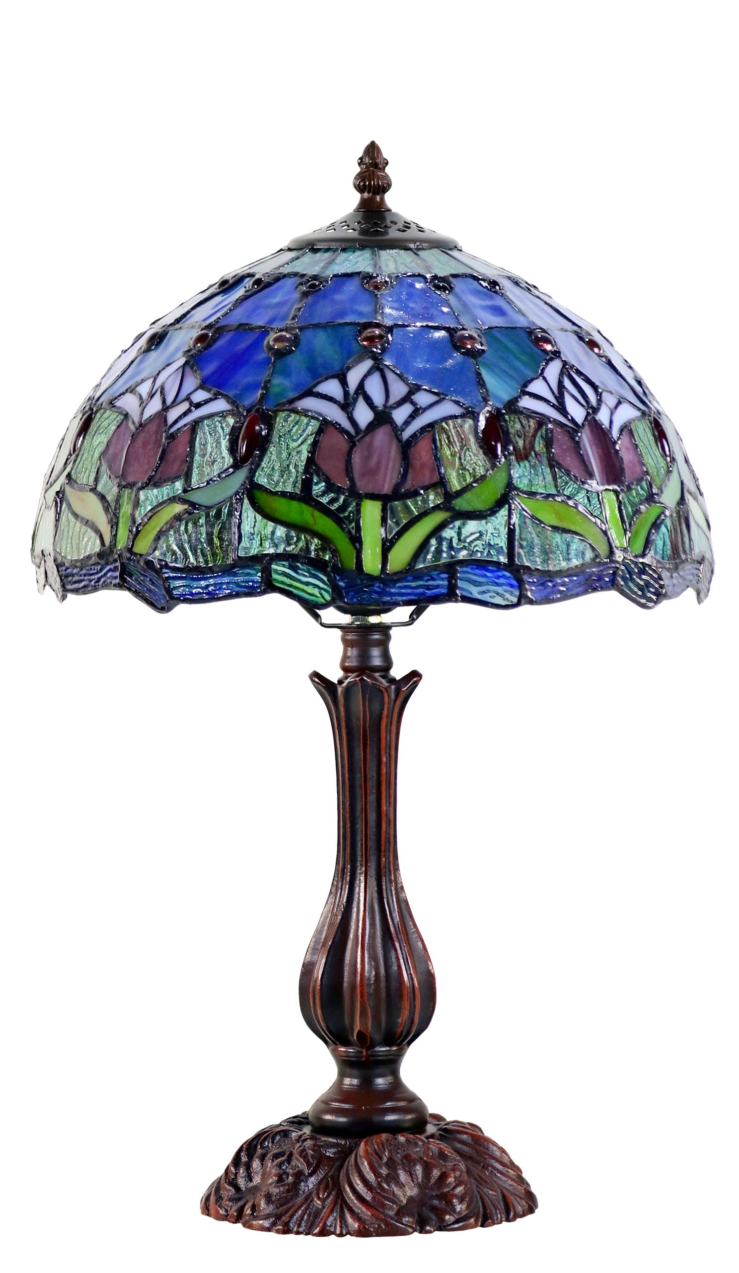 12" Blue Colonial Tulip Style Tiffany Bedside Lamp