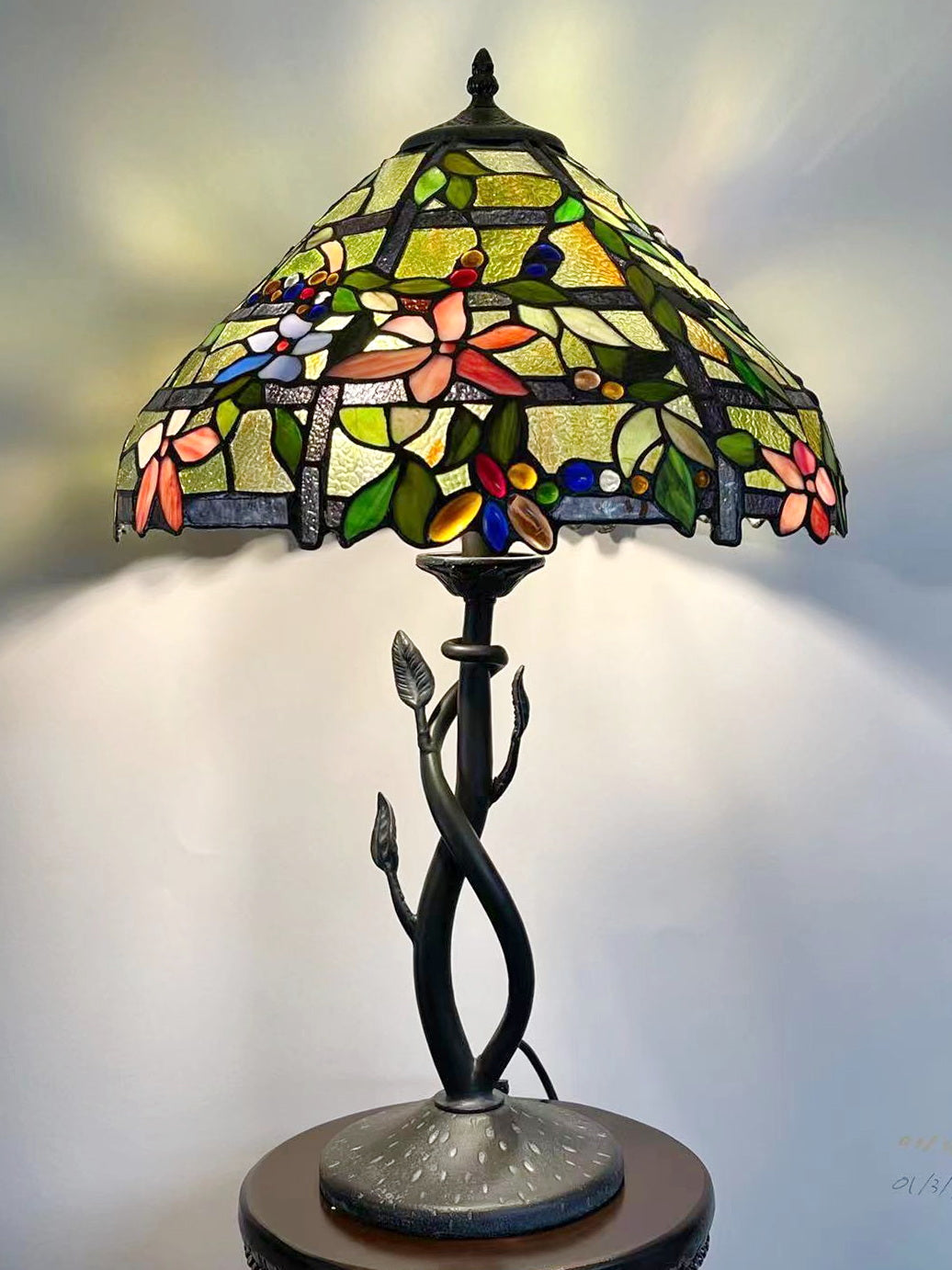 16" Large Clematis Flower Trellis Tiffany  Stained Class table Lamp